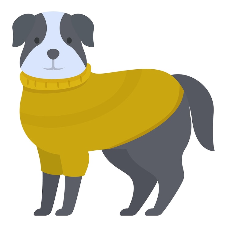 Vector perro blanco y negro con suéter amarillo de pie sobre un fondo blanco