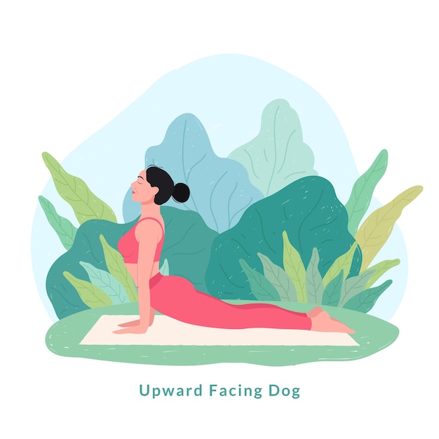 Vector perro boca arriba postura de yoga mujer joven practicando ejercicio de yoga