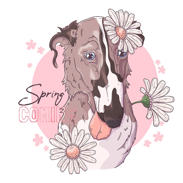 Vector perro borzoi dibujado a mano con flores