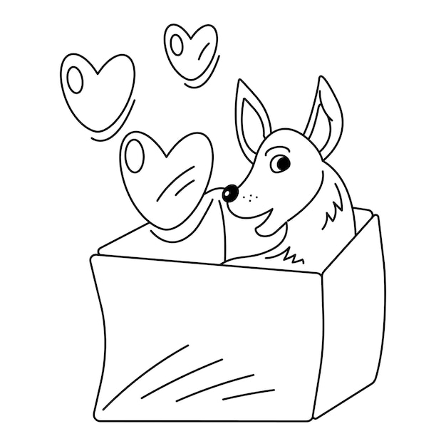 Perro en una caja1 Lindo perro alegre se asoma de la caja corazones Ilustración de dibujos animados en blanco y negro