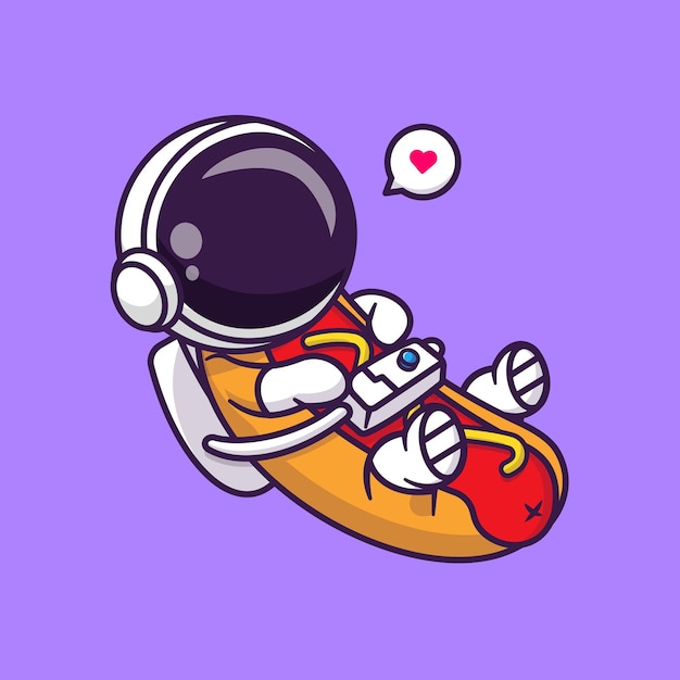 Perro caliente de astronauta lindo flotando en la ilustración de icono de vector de dibujos animados de espacio. ciencia comida aislada plana