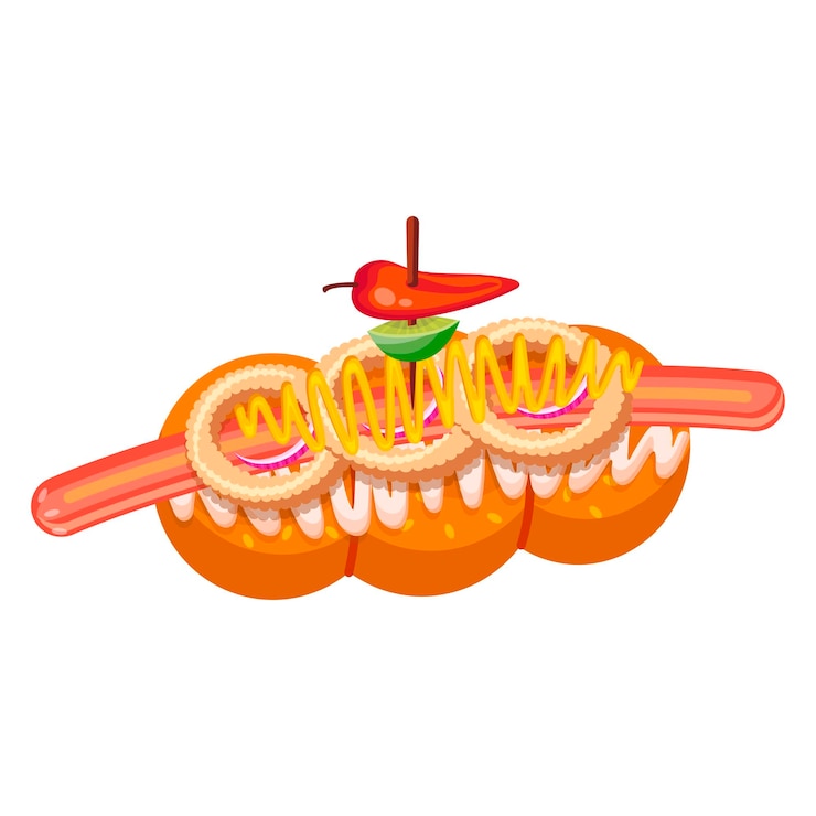 Vector perro caliente de comida callejera con mostaza y frío aislado en la ilustración de vector de dibujos animados de fondo blanco