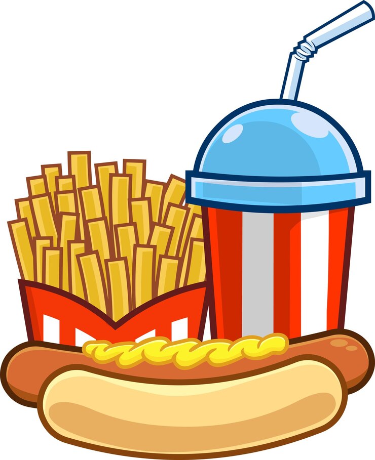 Vector perro caliente de comida rápida de dibujos animados con papas fritas y soda vector ilustración dibujada a mano