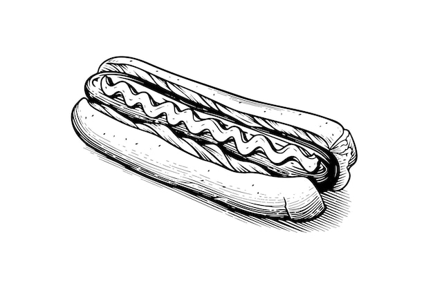 Perro caliente de comida rápida con salchicha y salsa grabado boceto ilustración vectorial