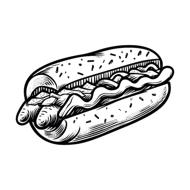 Perro caliente de comida rápida con salchicha y salsa grabado boceto ilustración vectorial