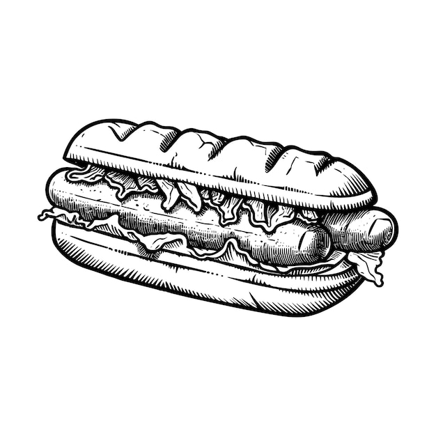 Perro caliente de comida rápida con salchicha y salsa grabado boceto ilustración vectorial