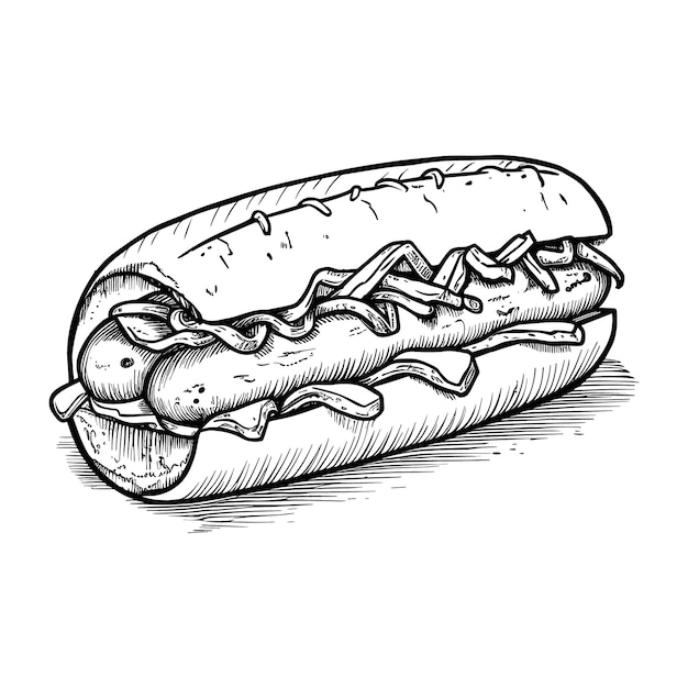 Perro caliente de comida rápida con salchicha y salsa grabado boceto ilustración vectorial