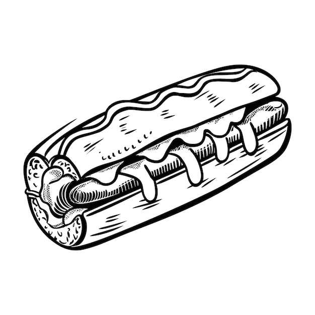 Perro caliente de comida rápida con salchicha y salsa grabado boceto ilustración vectorial