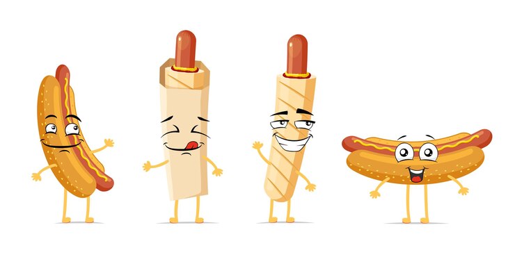Vector perro caliente divertido personaje de dibujos animados sonriente conjunto salchicha francesa cocida en bollo linda expresión de cara feliz