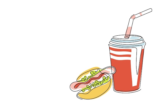 Perro caliente y refrescos en un estilo de dibujo de arte de una línea continua Juego de comida rápida con bebida y perro caliente Comida callejera Línea única Comida para llevar comida chatarra boceto de color lineal para cartel de pancarta de menú