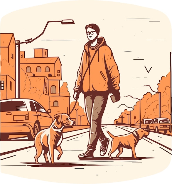 Perro caminando en la carretera con vector de diseño de propietario humano