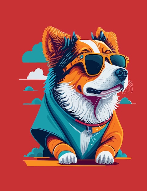 Un perro con una camisa azul con cuello azul y gafas de sol.