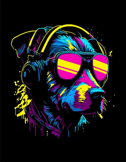 perro de cara colorida con ilustración de auriculares