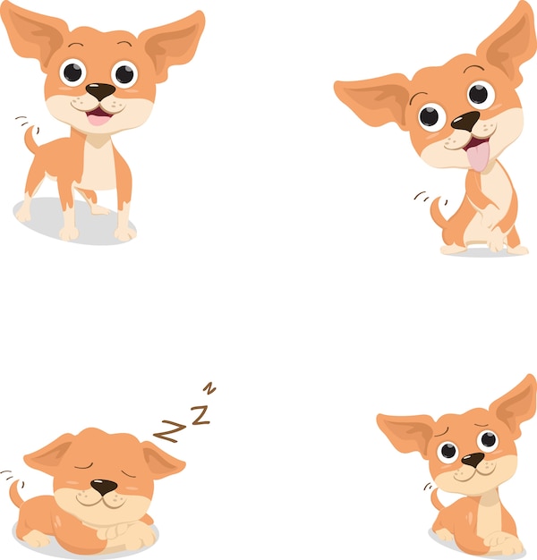 Perro de chihuahua marrón de divertidos dibujos animados en varias poses