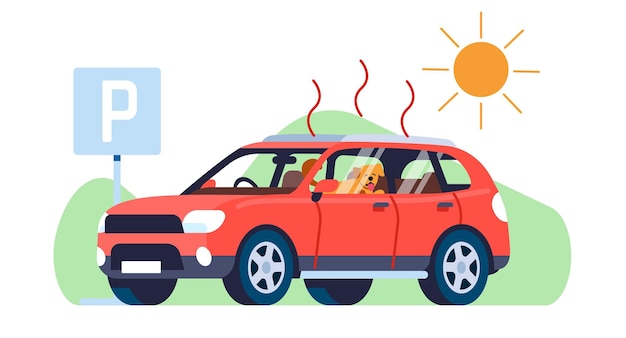 El perro en un coche estacionado está en riesgo de sufrir un golpe de calor Temperatura alta Propietario que deja al cachorro en el automóvil Seguridad de las mascotas Mamífero que jadea en un vehículo sobrecalentado Abuso de animales domésticos Concepto de vector