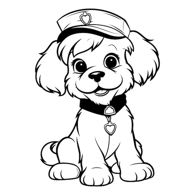 Vector perro cocker spaniel con sombrero de marinero ilustración de dibujos animados en blanco y negro