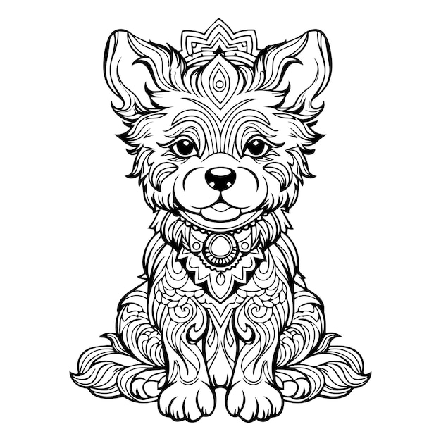 Vector un perro con un collar y un complejo floral para colorear la página del libro ilustración vectorial