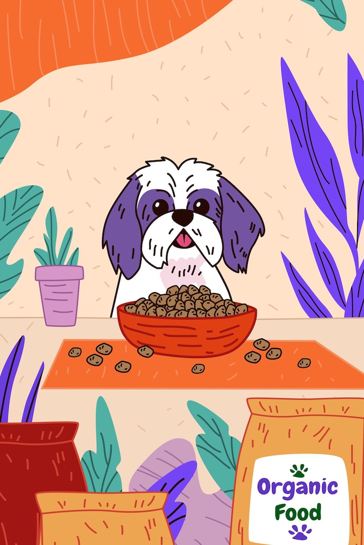 Vector perro comiendo comida orgánica escena de mascotas lindas plantas coloridas diseño lúdico colores vibrantes decoración del hogar