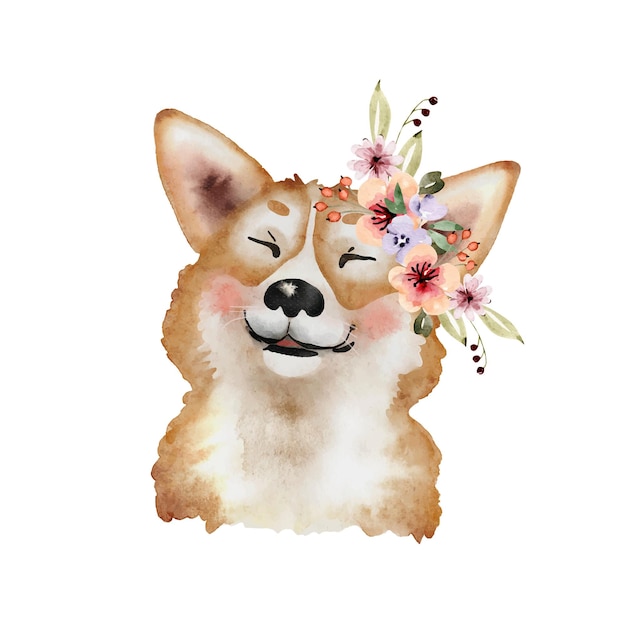 perro corgi con una corona de flores ilustración de cachorro acuarela divertida