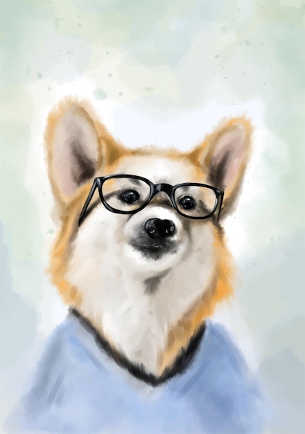 Perro corgi dibujado vector con gafas