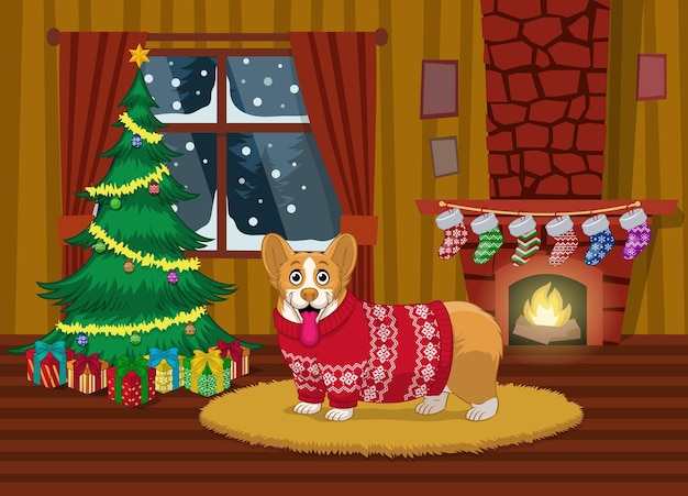 Perro corgi de dibujos animados disfrutando de la navidad en el salón