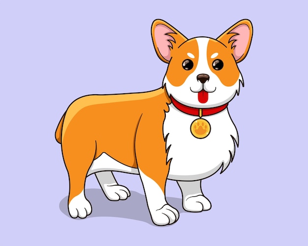 El perro Corgi está de pie y sonriendo. estilo plano