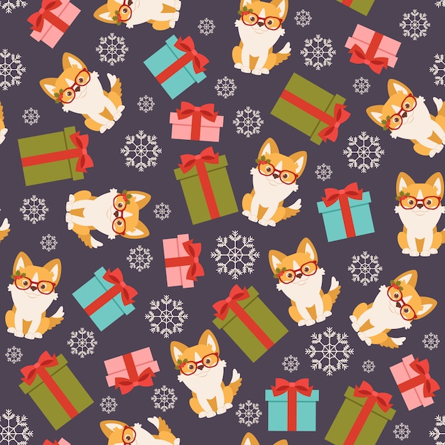 Vector perro corgi galés con cajas de regalo. sin patrón o papel tapiz.