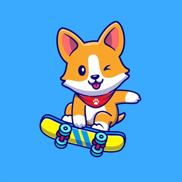 Perro Corgi lindo que juega el ejemplo del icono del vector de la historieta del monopatín. Concepto de icono de deporte animal aislado Vector Premium. Estilo de dibujos animados plana