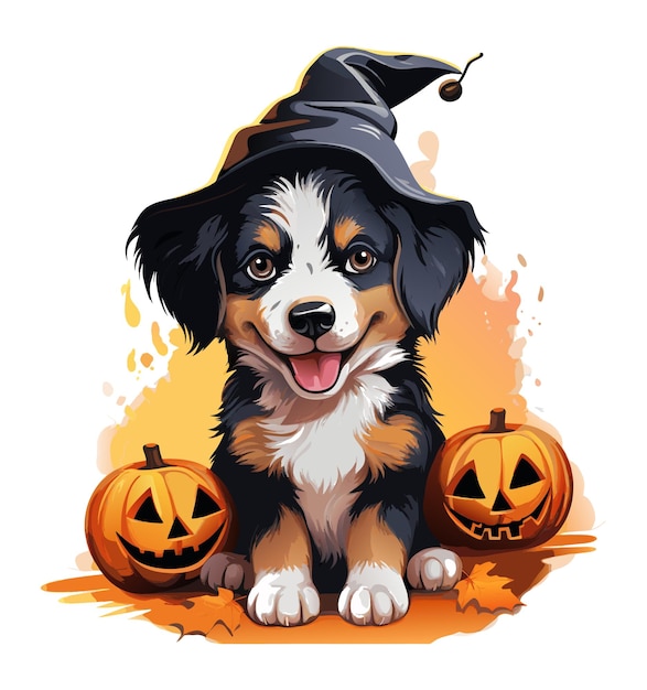 Perro corgi negro con sombrero de halloween ilustración vectorial perro vector acuarela con calabaza sobre fondo blanco