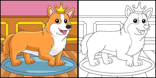 Vector perro corgi página para colorear ilustración coloreada