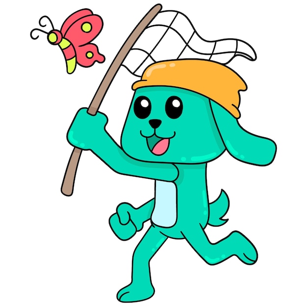 El perro corre detrás de la mariposa que lleva la red, arte de ilustración vectorial. imagen de icono de doodle kawaii.