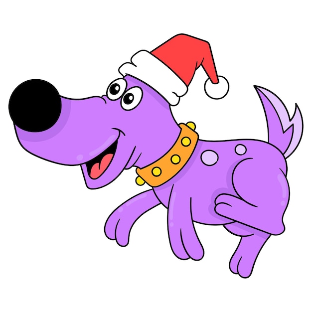 El perro corre con un sombrero de Navidad ilustración vectorial arte doodle icono imagen kawaii