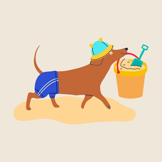 Un perro dachshund de dibujos animados jugando en la caja de arena en la playa con un cubo y una pala