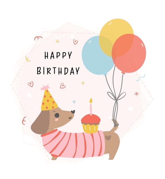 Perro dachshund lindo de cumpleaños con sombrero de fiesta y con globos celebrando la fiesta
