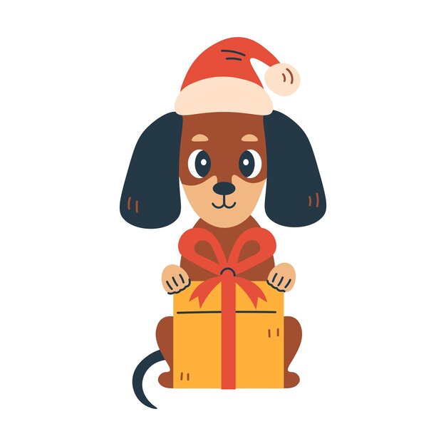 Perro Dachshund con regalo de Navidad Perrito de Navidad adorable en Santa Hat con regalo de diseño plano