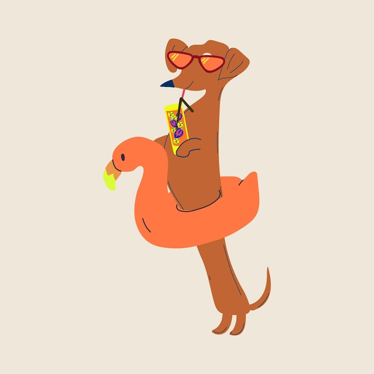 Vector un perro de dibujos animados alegre con gafas de sol y sosteniendo un flamenco inflable