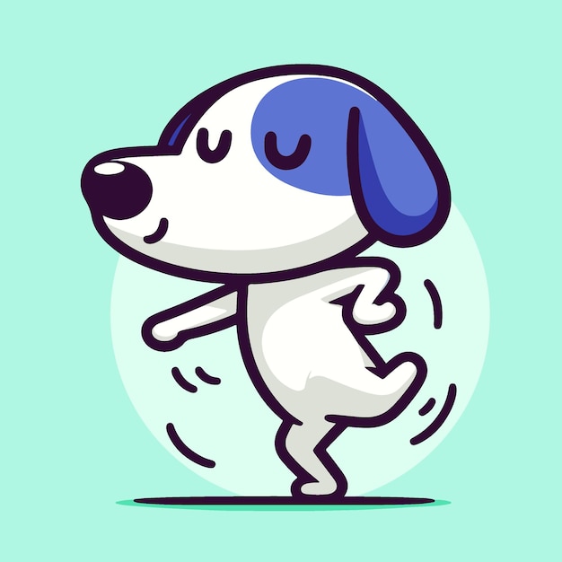 Perro de dibujos animados alegre Mascota Logotipo Personaje bailando solo con un giro gracioso y un movimiento de cola