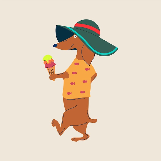 Un perro de dibujos animados alegre con un sombrero de verano y sosteniendo un cono de helado