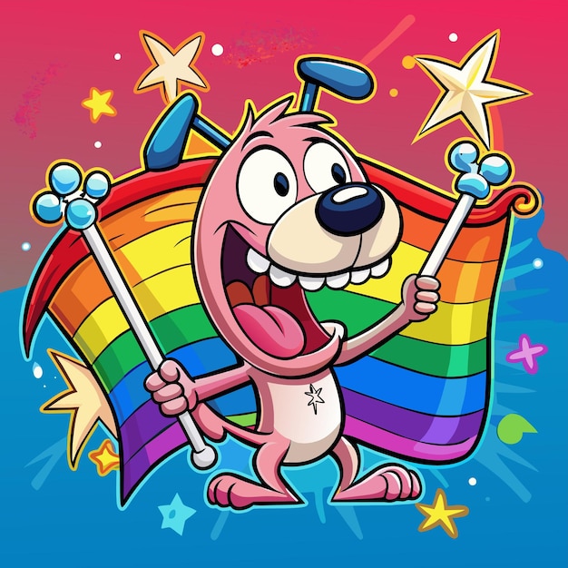 Vector un perro de dibujos animados con un arco iris en el fondo