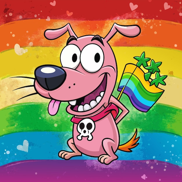 Vector un perro de dibujos animados con un arcoíris y un arco iris en el fondo