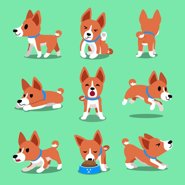 Vector perro de dibujos animados basenji poses plantea