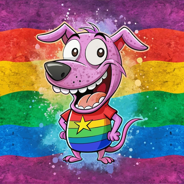 Vector un perro de dibujos animados con una camisa de color arco iris y un perro de color arkoir con un fondo de color archo iris