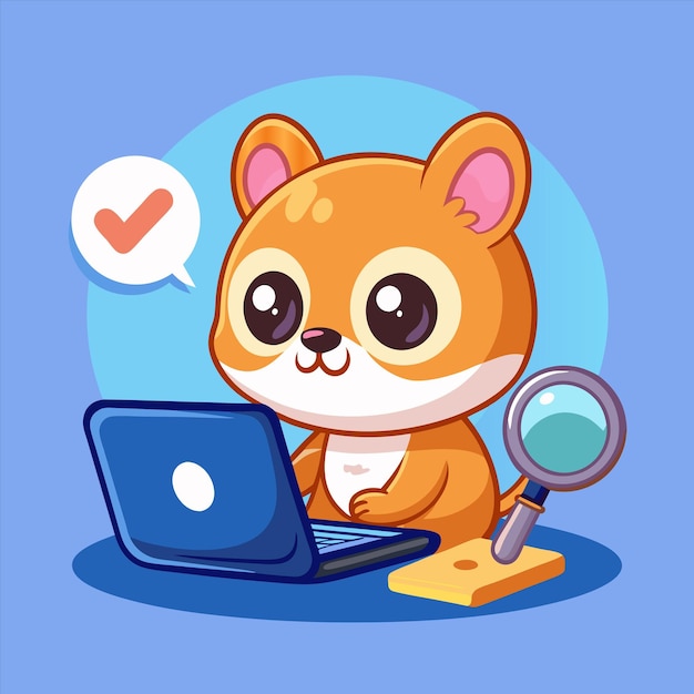 un perro de dibujos animados está mirando una computadora portátil y tiene una lupa delante de él