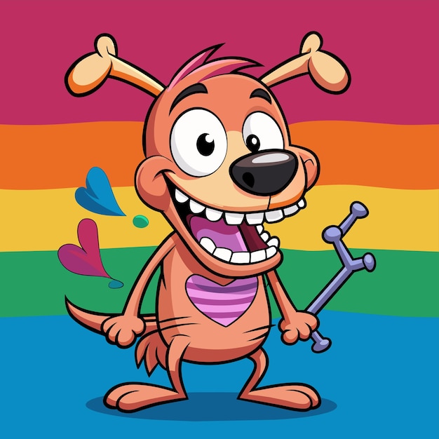 Vector un perro de dibujos animados con un fondo de arco iris y un fondo de arcángel