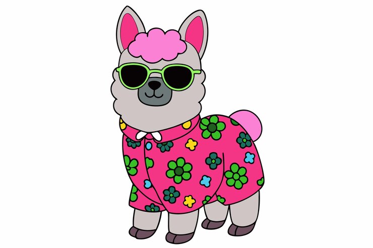 Vector un perro de dibujos animados con gafas de sol y un sombrero rosa con flores en él