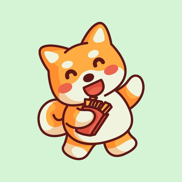 Perro de dibujos animados lindo Shiba Inu con calavera linda en la mano