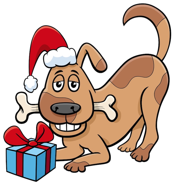Vector perro de dibujos animados con regalo y hueso de perro en la época de navidad