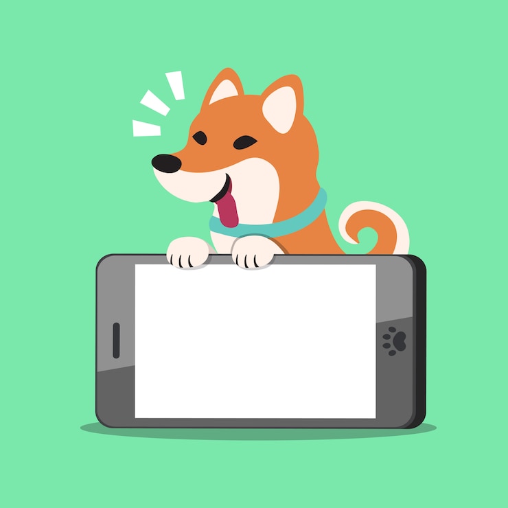 Vector perro de dibujos animados shiba inu perro con un gran teléfono inteligente