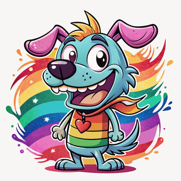 Vector un perro de dibujos animados con un trasfondo arcoíris y un arco iris en el fondo