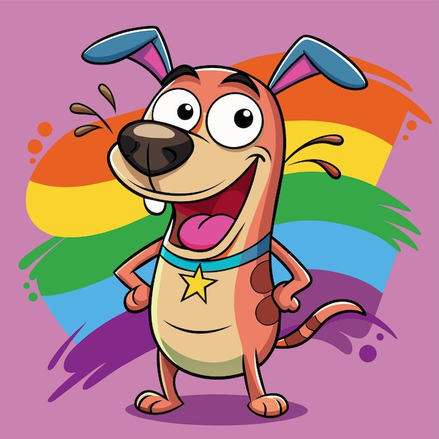 Vector un perro de dibujos animados con un trasfondo arcoíris y un arco iris en el fondo